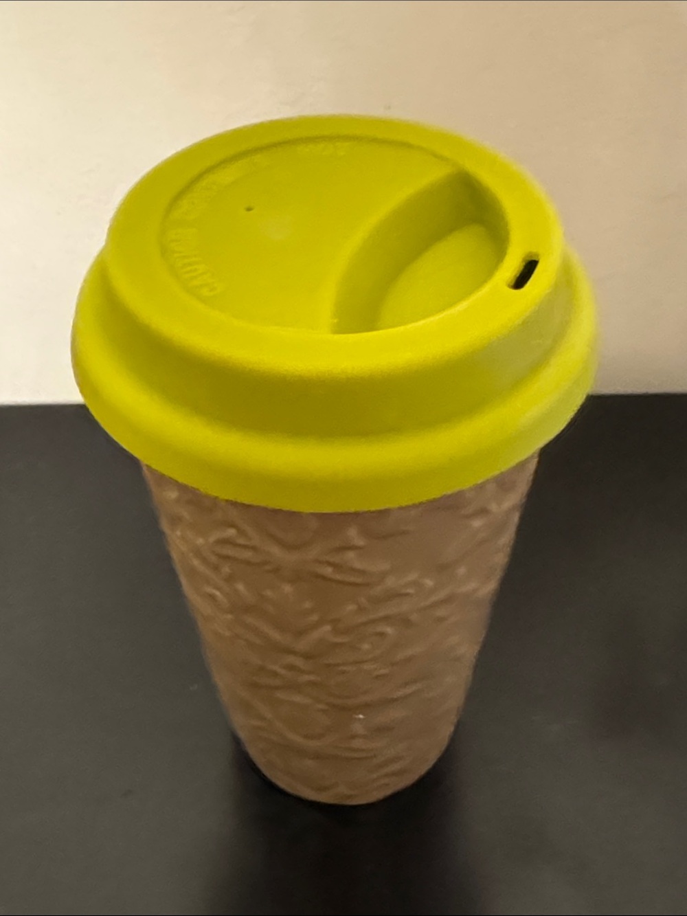Textured Travel Stoneware Tumbler mug with Lime Green Silicone Lid to go cup